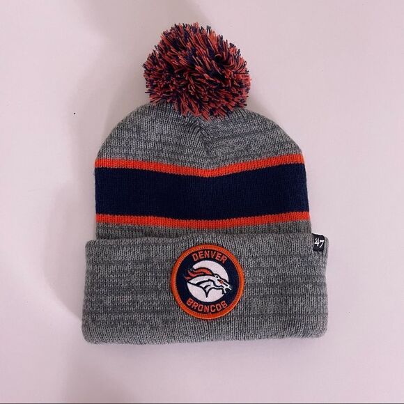 47 Denver Broncos Grey with Navy & Orange Logo Pom Pom Cuffed Winter Hat - Picture 1 of 5